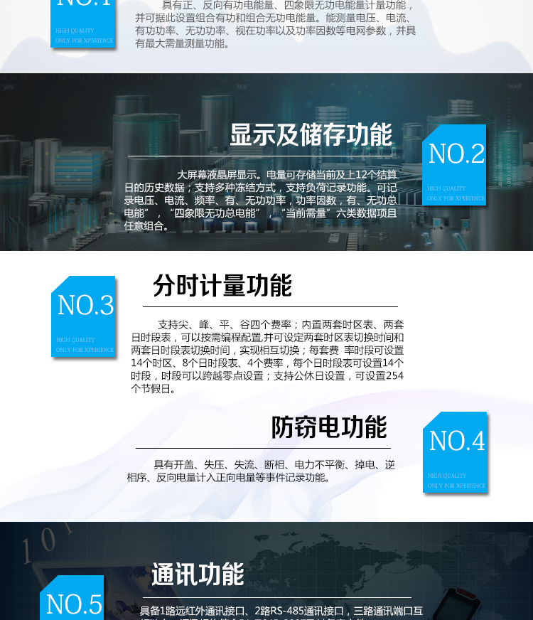 海興DTSD208三相四線電能表主要功能
　　計量功能
　　具有正、反向有功電能量、四象限無功電能量計量功能，并可據(jù)此設(shè)置組合有功和組合無功電能量
　　分時計量功能
　　支持尖、峰、平、谷四個費率;內(nèi)置兩套時區(qū)表、兩套日時段表，可以按需編程配置,并可設(shè)定兩套時區(qū)表切換時間和兩套日時段表切換時間，實現(xiàn)相互切換;每套費率時段可設(shè)置14個時區(qū)、8個日時段表、4個費率(尖、峰、平、谷)，每個日時段表可設(shè)置14個時段，時段可以跨越零點設(shè)置;支持公休日設(shè)置，可設(shè)置254個節(jié)假日。
　　測量功能
　　能測量電壓、電流、有功功率、無功功率、視在功率以及功率因數(shù)等電網(wǎng)參數(shù)，并具有最大需量測量功能。測量準確度高，可提供0.5S級、1.0級等不同計量精度供選擇。
　　數(shù)據(jù)存儲功能
　　電量可存儲當前及上12個結(jié)算日的歷史數(shù)據(jù);支持多種凍結(jié)方式，包括：日凍結(jié)、整點凍結(jié)、定時凍結(jié)、瞬時凍結(jié)、約定凍結(jié)。支持負荷記錄功能。可記錄“電壓、電流、頻率”，“有、無功功率”，“功率因數(shù)”，“有、無功總電能”，“四象限無功總電能”，“當前需量”六類數(shù)據(jù)項且任意組合。負荷記錄間隔時間可以在1min～ 60min范圍內(nèi)設(shè)置。
　　事件記錄功能
　　分別記錄最近10次失壓、全失壓、斷相、失流、電壓逆相序、潮流反向、需量清零、編程、校時、開表蓋、停電、電量清零。
　　通信功能
　　具備1路遠紅外通訊接口、2路RS-485通訊接口，三路通訊端口互相獨立。通訊規(guī)約符合DL/T645-2007及其備案文件。
　　電源管理
　　輔助電源供電電壓為(100～240)V交、直流自適應(yīng)。輔助電源可設(shè)置為PT供電方式優(yōu)先或輔助電源供電方式優(yōu)先。
　　用戶交互界面
　　采用大屏幕液晶顯示，提供豐富的圖形或文字提示信息;顯示內(nèi)容可通過按鍵循環(huán)查詢，顯示項目可通過通信口按需配置;提供液晶背光，方便查看。支持停電喚醒功能，能通過按鍵或非接觸方式喚醒電能表，實現(xiàn)屏幕顯示抄讀電量和紅外通信口抄讀電量等數(shù)據(jù)。